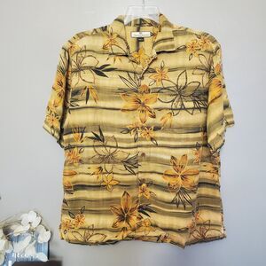 Tommy Bahama Mens Hawaiian Silk Shirt Size Medium Brown Hibiscus Short Sleeve